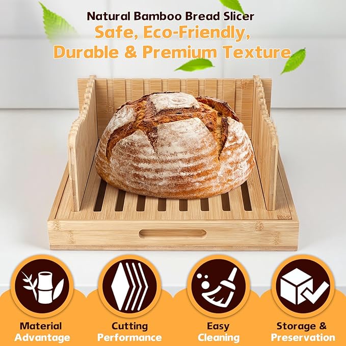 Foldable Bamboo Bread Slicer Tray with Crumb Collector & Adjustable Guide - for Perfectly Even Slices of Homemade, Sourdough & Sandwich Bread (Knife Not Included)