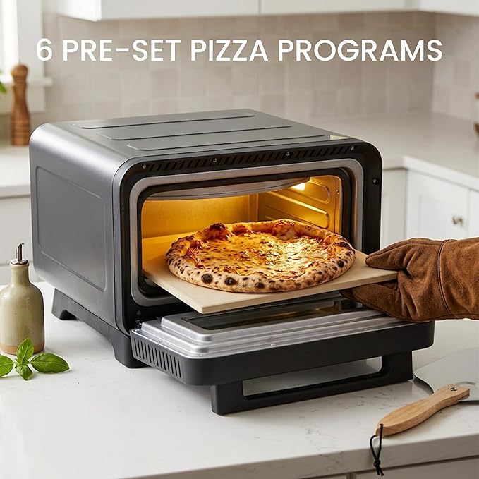Simple Deluxe 1600W Indoor Electric Pizza Oven, 6 Cooking Modes for 12" Pizza, Fast Heating with Dual Independent Temp Control, Includes Pizza Stone & Spatula, Silver
