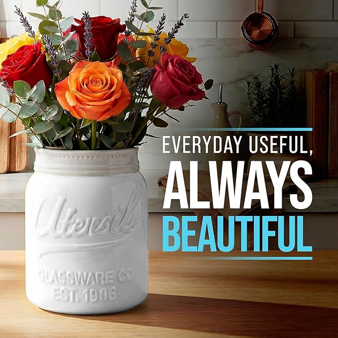 Comfify Wide Mouth Mason Jar Utensil Holder Decorative Kitchenware Organizer Crock - Perfect Cookware Gift - White, Large Size 5.4x6.75