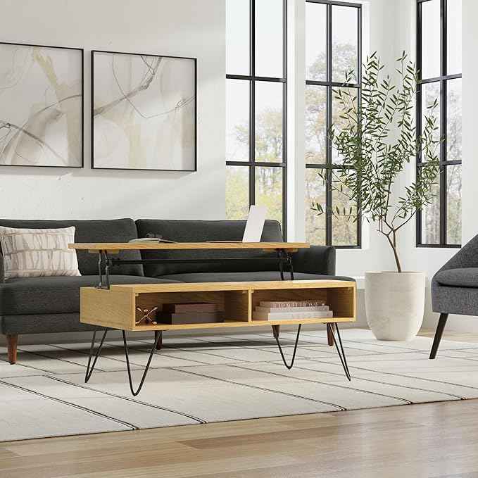 SIMPLIHOME Hunter 48 inch Wide Rectangle Industrial Lift Top Coffee Table in Oak Veneer for the Living Room and Family Room