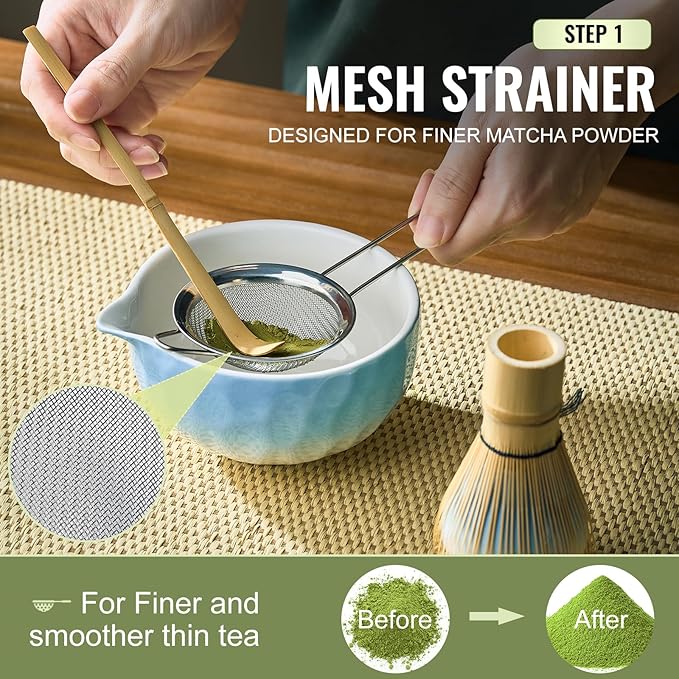 Matcha Whisk Set 7 Pcs Matcha Sets Blue, matcha Kit with Bowl, Whisk and Holder, Bamboo Scoop, Scoop Rest, Sifter & Tea Towel, Tea Gifts for Matche Lovers Making Breakfast Latte