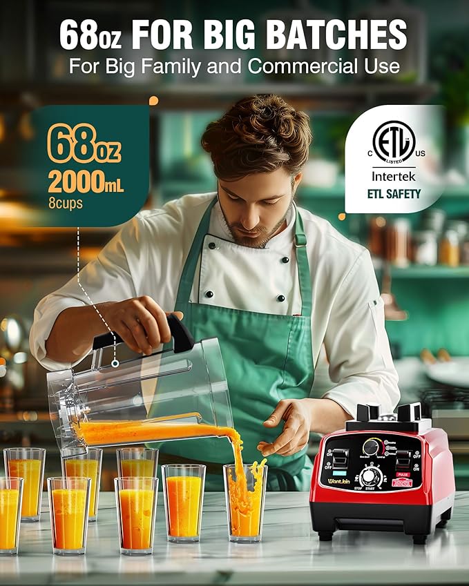 WantJoin Professional Blender, ETL listed 68oz Commercial Blender for kitchen Max 1800W High Power Home and Commercial with Timer, Smoothie Maker 2200ml for Crushing Ice, Frozen Dessert, Soup,fish