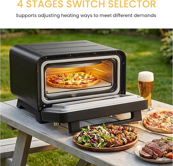 Simple Deluxe 1600W Indoor Electric Pizza Oven, 4 Cooking Modes for 12" Pizza, Fast Heating with Dual Independent Temp Control, Includes Pizza Stone & Spatula, Black