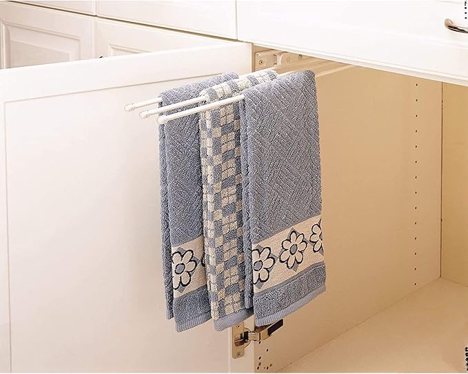 Rev-A-Shelf Under Sink Hand Towel Holder for Kitchen and Bathroom Cabinets, Pullout Extension Three Prong Wire Dish Rag Rack Hanger, White, 563-47