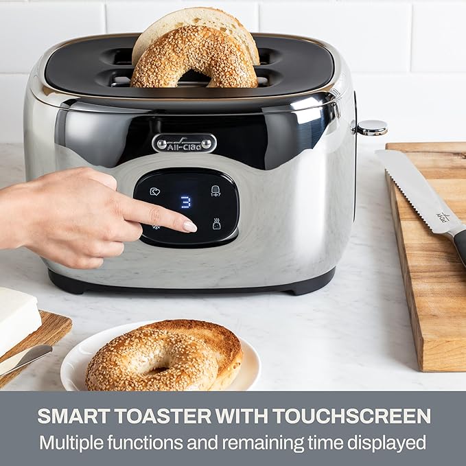 All-Clad Stainless Steel Toaster, 2 Slot, Removable Crumb Tray, 850 Watts, 7 Browning Levels, Intuitive Touchscreen, Extra High Lift, Silver