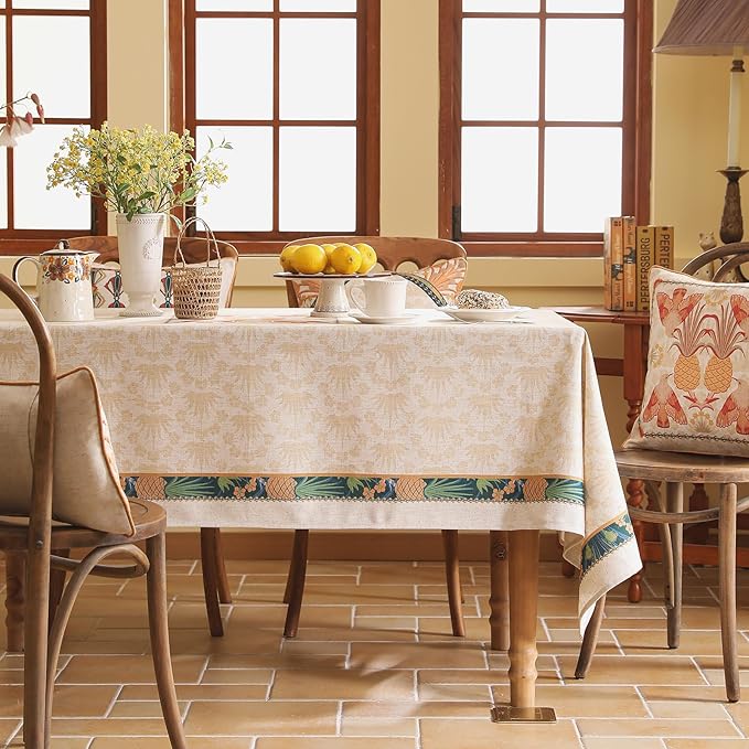 patdrea Designer Rectangle Linen Long Table Cloth,Vintage Anti-Wrinkle Durable Tropical Style Tablecloth,Decor Table Cover Cloth for Kitchen Dining Christmas,Thanksgiving,63"x94"-Pineapple a