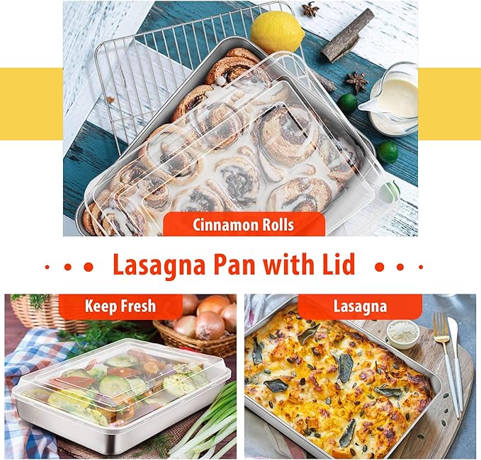 TeamFar Bakeware, Stainless Steel Bakeware Set with Baking Sheet and Rack, Lasagna Pan with Lid, Square & Round Cake Pan with Lid, Muffin Pan & Loaf Pan, Pizza Pan, Healthy & Dishwasher Safe