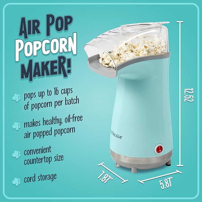 Nostalgia Air Popper Popcorn Maker - Oil-Free Popcorn Machine Pops Up To 16 Cups with Hot Air for Movie Night Snacks - Aqua Popcorn Popper with Swirling Air Chamber & Measuring Cup for Precise Popping