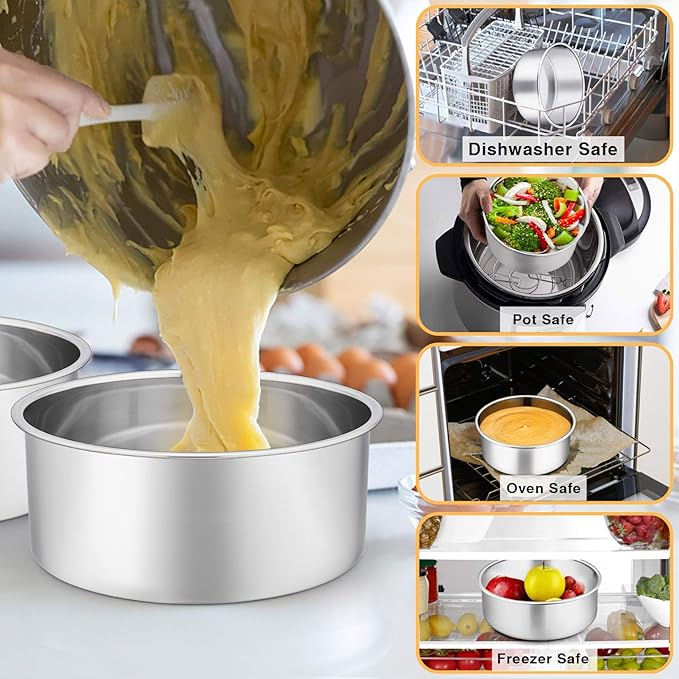 P&P CHEF 6 Inch Cake Pans Set, Round Baking Pan Stainless Steel Layer Birthday Wedding Cake Oven Pans, Non Toxic & Heavy Duty, Deep Side & Mirror Finish, Dishwasher Safe, (2Pcs)