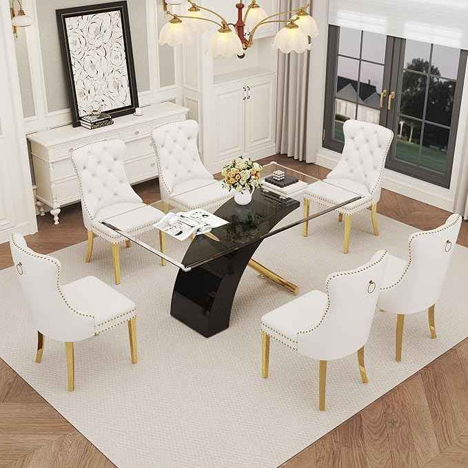 7 Piece Glass Dining Table Set for 6, 63" Modern Kitchen Table with 6 White Velvet Chairs, Tempered Glass Tabletop with Black X-Shaped MDF Base, Modern Dining Room Set for Kitchen and Dining Room