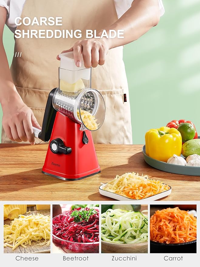 Rotary Cheese Grater with Handle, Reemix Vegetable Cheese Shredder Slicer Grater for Kitchen 3 Changeable Blades for Cheese Potato Zucchini Nuts Chocolate (Red)
