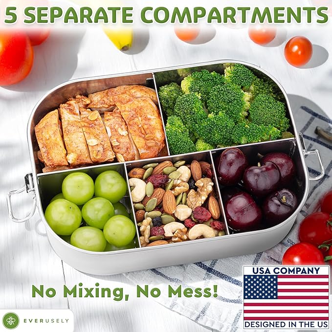 Everusely - Bento Box - Stainless Steel Lunch Box for Adults - 47 oz, 1.4 L - 5 Compartment Snack Container with Removable Silicone Seal & Secure Lock Clips - Leakproof & Dishwasher Safe