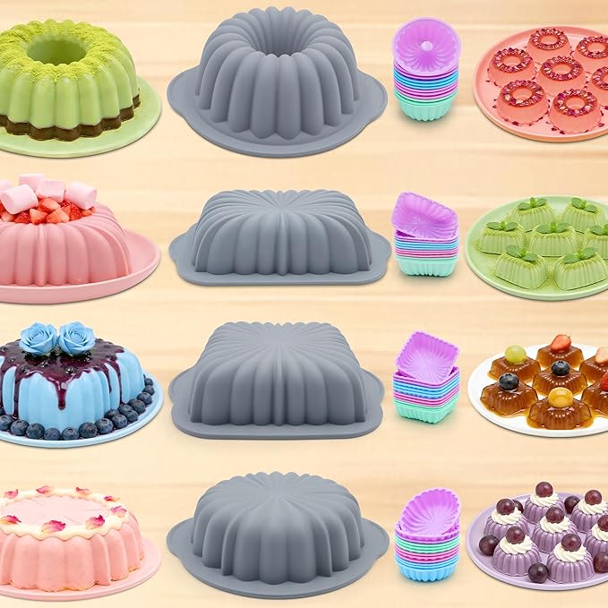 To encounter 69 Pieces Silicone Baking Set, Non-Stick Bakeware Set with Cake Pans, Muffin Cups, Food Grade Silicone Baking Molds for Cakes, Bread, Muffins, Brownies, Light Grey