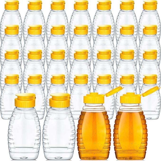 Eccliy 32 Pcs Clear Plastic Honey Jar Empty Honey Bottles with Caps Refillable Containers Leakproof Squeeze Bottle Container Holder with Flip Lid for Storing (12 oz,Yellow)