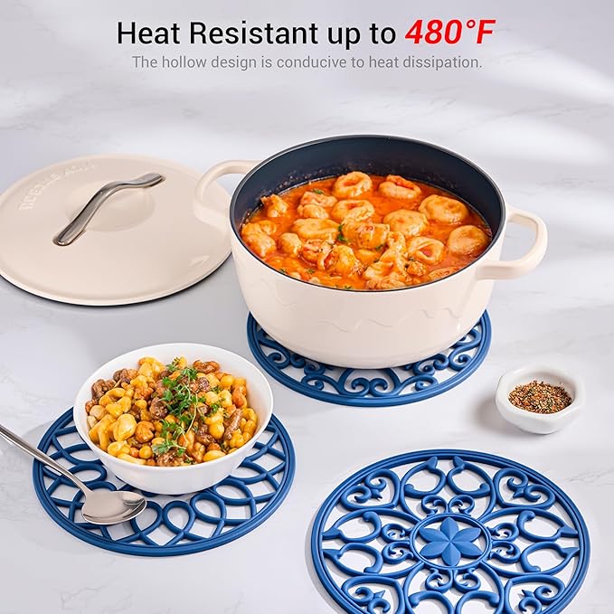 SMARTAKE 3 Set Silicone Trivet Mats, Multi-Use Carved Trivet Mat, Insulated Non-Slip Durable Kitchen Mats, Flexible Modern Kitchen Table Mat, for Hot Dishes, Pots, Dining Countertop, Navy Blue
