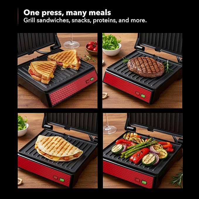 OVENTE Electric Indoor Panini Press Grill and Sandwich Maker with Non-Stick Coated Plates, Cool-Touch Handle and Removable Drip Tray, Opens 180 Degrees to Fit Any Type or Size of Food, Red GP0620R