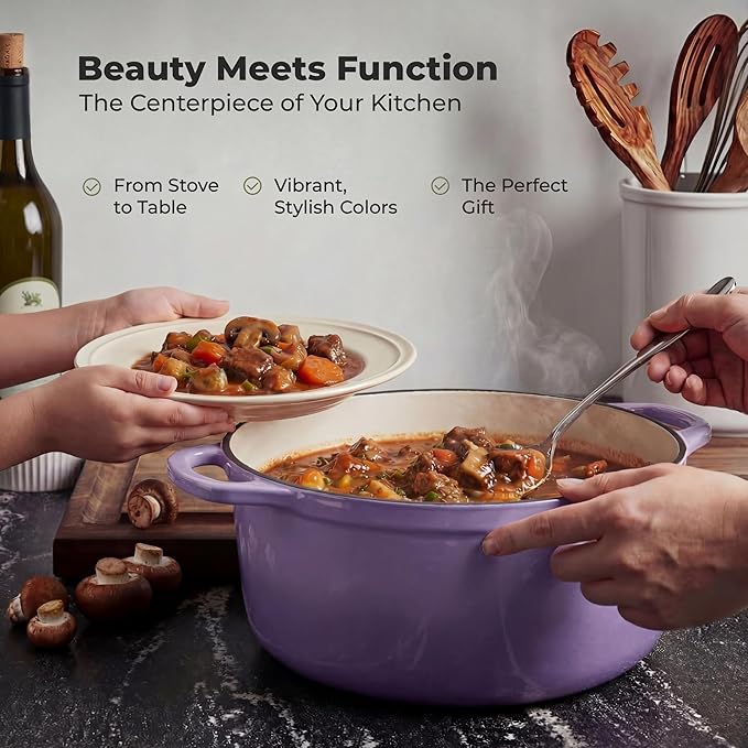 Zulay Kitchen 6 Quart Enameled Cast Iron Dutch Oven Pot with Lid – Premium Durability & Oven Safe up to 500°F – Heavy Duty Cookware Perfect for Bread Baking, Stews, Braising & Roasting - Lavender Jade