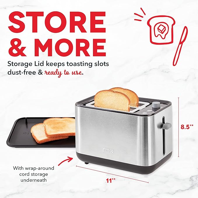 Dash SmartStore® 2-Slice Toaster - Five-Browning Levels, Extra-Wide Slots & Compact Size - Included Storage Lid - 1-Touch Bagel & 15-Second Functions - Black
