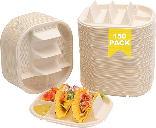 Small Disposable Taco Plates With Dipping Sides - 150 Pack, Biodegradable Cornstarch Taco Holder, Mini Size Fit 4-6 Inch Street Tortilla Shells, Sturdy & Microwave Safe, Bar Serving Set For A Party