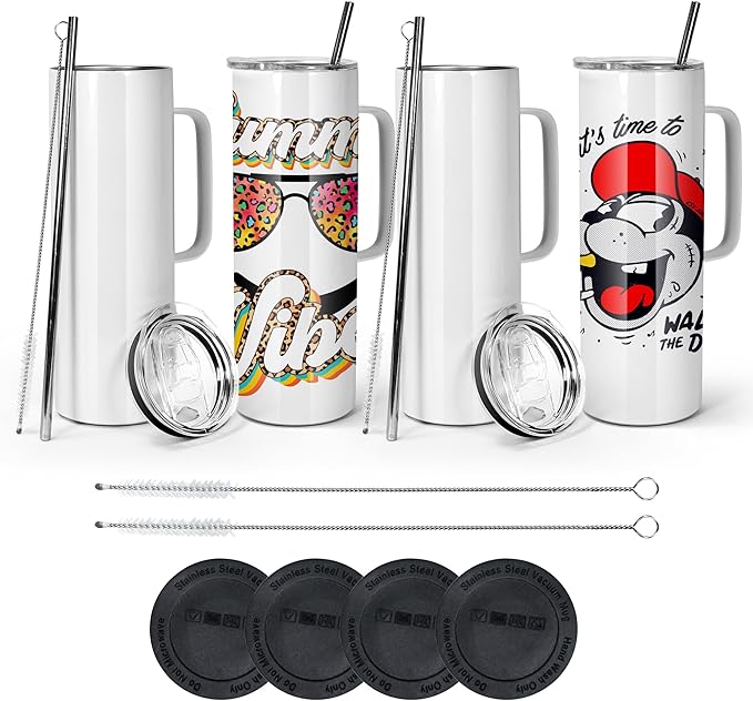 AGH 30oz Sublimation Straight Skinny Tumblers with Handle, 4 Pack Stainless Steel Coffee Mug with Handle, Insulated Tumblers with Lid & Straw, Portable Travel Tumblers for Coffee & Juice.