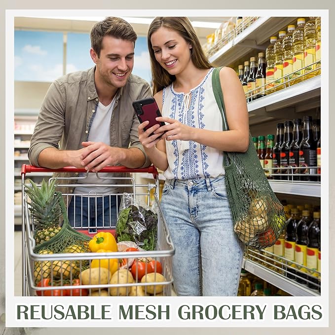 Woanger 24 Pcs Reusable Cotton Mesh Produce Shopping Bags Long Handle Washable Grocery Net Portable Fruit and Vegetable Cotton String Bags Green Net Tote Organizer