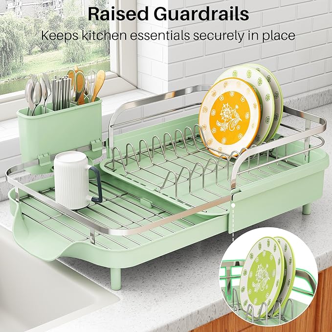 SAYZH Dish Drying Rack - Expandable Dish Rack for Kitchen Counter, Rust-Resistant Dish Drainer with Utensil Holder and Raised Guardrail, Kitchen Organizer for Cup and Bottle (Green)