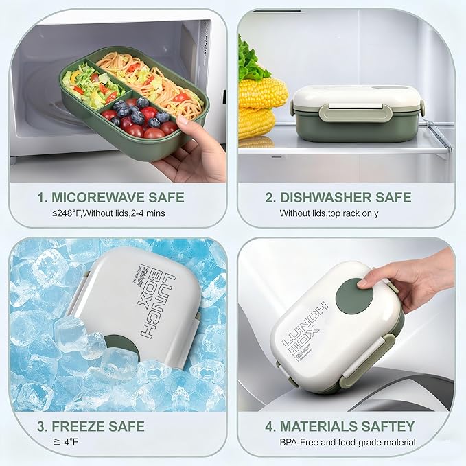Lunch Bento Box Set - 3 Compartment Containers for Kids and Adults,lunch box for women with Thermo Lunch Bag, Leak-Proof and BPA-Free - Built-in Utensil Set,Sauce - Dishwasher Safe-Green