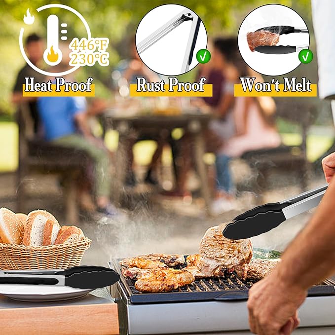 TeamFar Kitchen Tongs, 9" and 12" Stainless Steel Cooking Tongs with Silicone Tips for Cooking Grilling Serving & BBQ, Heat Resistant Silicone Tongs, Locking Design & Dishwasher Safe, Set of 2 & Black