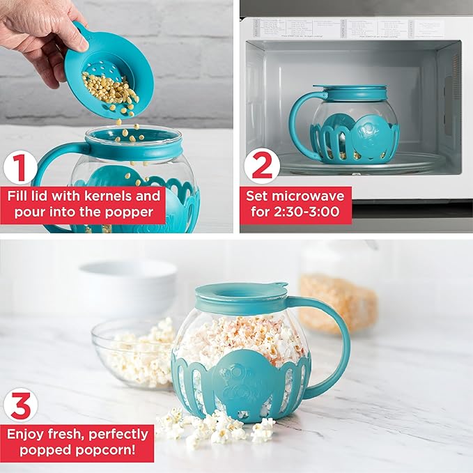 Ecolution Patented Micro-Pop Microwave Popcorn Popper with Temperature Safe Glass,3-in-1 Lid Measures Kernels and Melts Butter,Made Without BPA,Dishwasher Safe,1.5-Quart,Teal,(Pack of 4)