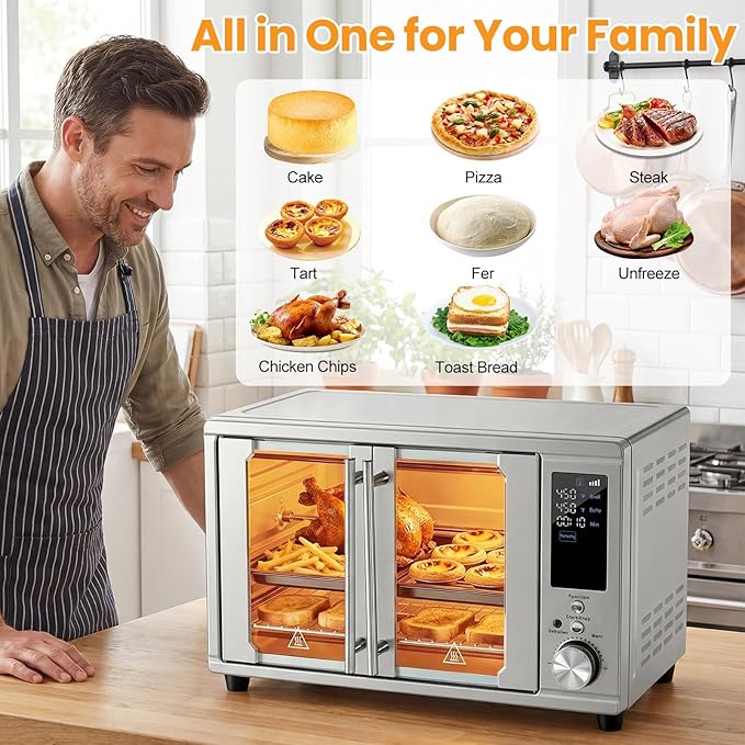 NEWBULIG 30QT Smart Air Fryer Toaster Oven Combo, 13-in-1 Double-Door Airfryer Oven, 0-450°F Temperature Control, 0-250°F Probe Control, Rotisserie & Mesh Basket, Professional Home Cooking