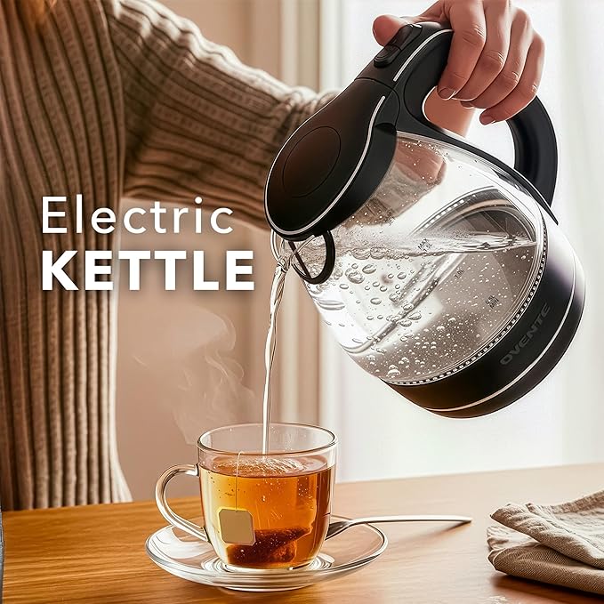 OVENTE Electric Kettle, 1.5L Borosilicate Glass Countertop Water Heater and Boiler for Coffee or Tea, BPA-Free, Auto Shut-Off, Boil-Dry Protection, Removable and Washable Spout Filter, Black KG83B