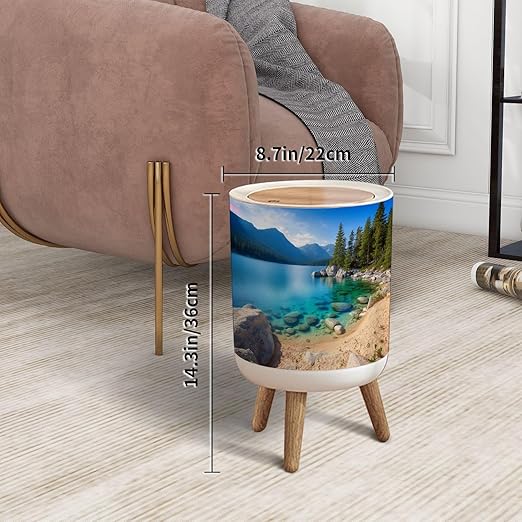 Trash Can with Lid Lake Tahoe Press Top Round Small Garbage Bin with Wooden Legs Waste Basket for Kitchen Bedroom Nursery 7L/1.8 Gallon
