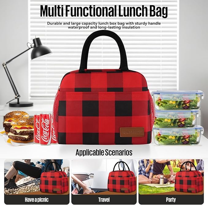 douyadady Lunch Bag Women/Men Lunch Box Women/Men (Red+Black Blocks)