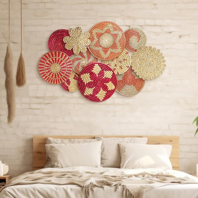 Tatuo 11 Pcs Boho Wall Basket Decor Bulrush Woven Wall Hanging Art Round Farmhouse Rustic Handmade Wicker for Summer Home, Bedroom, Living Room, Kitchen Decorations, Multi Sizes(Pink)