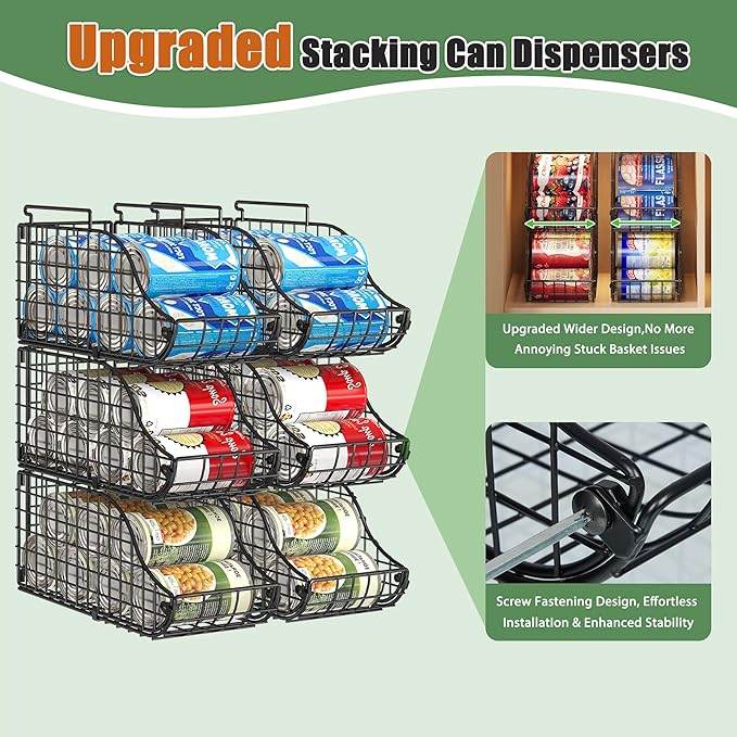 8-Pack Can Organizer for Pantry, Stackable Cabinet Food Shelves for Fridge, Wire Cupboard Storage, Holds up to 72 Beers,Small Metal Bin for Drink Beverage Egg Gillas, Rack for Kitchen Countertops RV