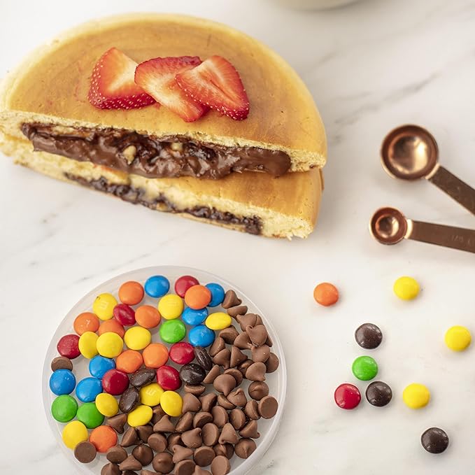 Electric Stuffed Pancake Maker- Make a GIANT Stuffed Waffle or Pan Cake in Minutes - Add Fillings for Delicious Breakfast or Dessert, Nonstick Baker Machine w Silicone Batter Funnel, Fun Unique Treat