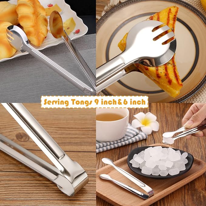 10 PCS Stainless Steel Serving Utensils, Large Serving Spoons Slotted Spoons, Serving Forks, Serving Tongs, Ice Suger Tongs, Metal Utensils Set Great for Buffet Catering Banquet Party (silver)