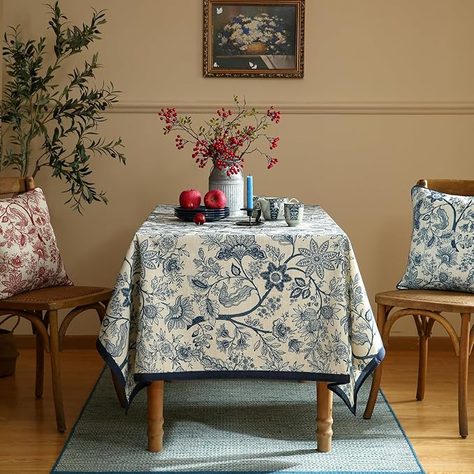ISAENNE Designer French Linen Square Tablecloth,Blue Floral Washable Indoor Table Cloth,Durable Home Decor Tablecloths for Dining Thanksgiving Kitchen Tea Party Christmas,67"*67"-Ruyi B