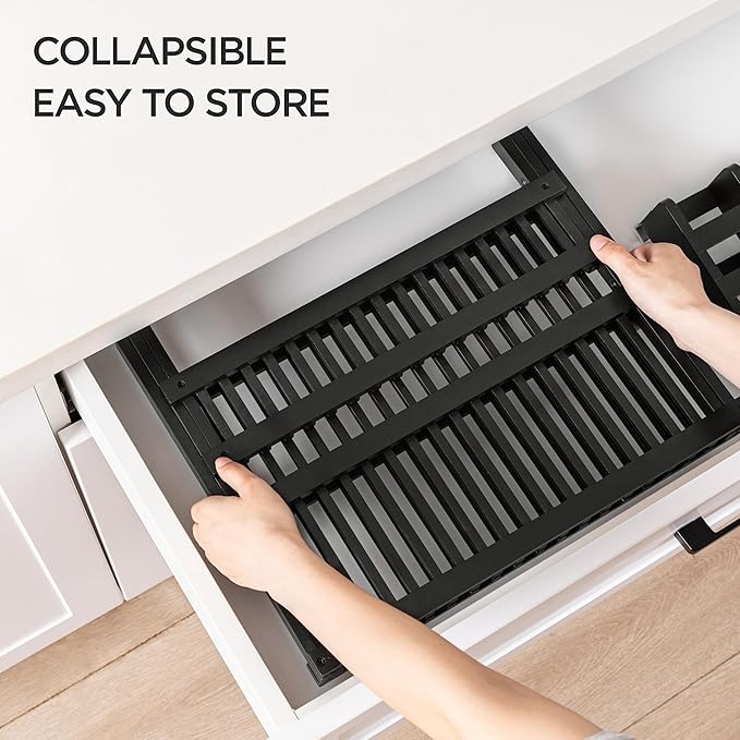 HBlife Dish Rack, Bamboo Folding 2-Tier Collapsible Drainer Dish Drying Rack with Utensils Flatware Holder Set (Dish Rack with Utensil Holder)