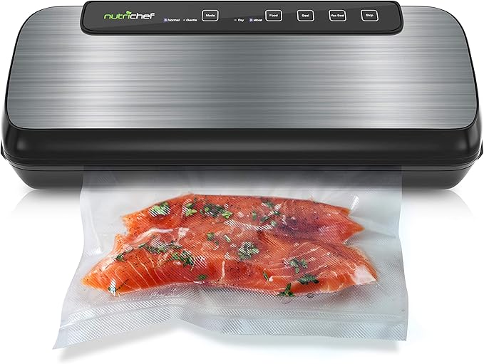 NutriChef Stainless Steel Vacuum Sealer For Food - High-Power Machine with Adjustable Suction, Dry & Moist Modes, LED Lights, Bags, Wine Stopper & Hose, Easy Plug-in Design, Lab-Tested Food Storage