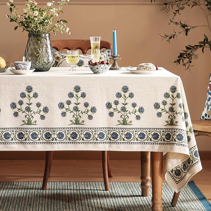 patdrea Designer Blue Square Tablecloth Table,Vintage Linen Leaves Floral Pattern Floral Tablecloths,French Table Cover Cloth Fall Decor for Kitchen Dining Christmas,Thanksgiving,67"x67"-Ivar B