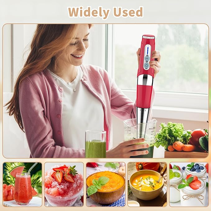 Toogel Cordless Immersion Blender, Electric Hand Blender with 21-Speed & 3-Angle Adjust, USB Rechargeable, BPA-Free & Dishwasher Safe for Baby Food, Smoothies, Soup (Red)
