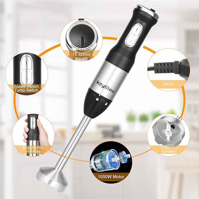 5 in 1 Immersion Hand Blender Mixer, [Upgraded] Handheld Stick Blender with 600ML Chopper, 800ML Beaker, Whisk and Milk Frother for Smoothie, Baby Food, Sauces Red,Puree, Soup (Black)
