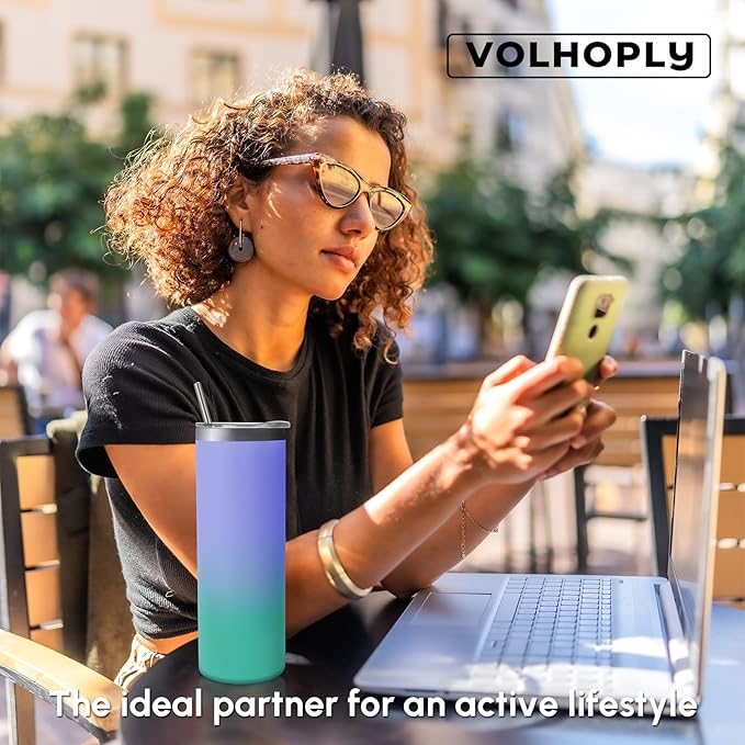 Volhoply 8 Pack Skinny Tumblers with Lid and Straw, 20oz Stainless Steel Straight Tumbler Bulk, Vacuum Insulated Coffee Mug for Home, Office, Travel, DIY (Purple Green,8 Pack)