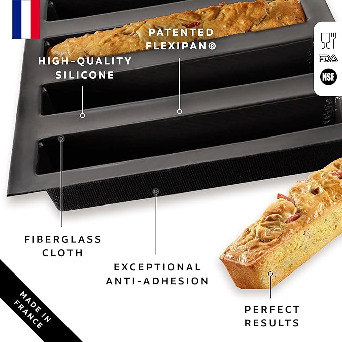 Flexipan by Silpat Baking Pan - The Original Non-Stick Mold Handcrafted in France Since 1965 - Trusted by World-Class Chefs - Certified Food Safe Flexipan Technology (5 Long Loaves)