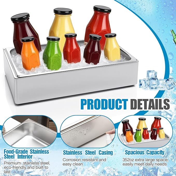 Ice Housing Bin with Removable Tray Ice Holder Container Wine Beer Champagne Drink Bucket Beverage Tub for Freezer Display Buffet Bar Counter Party Drink Chiller(Stainless Steel,21" X 13" X 5.5")