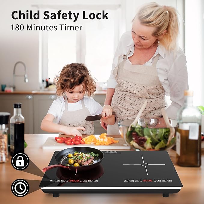 VBGK Double Induction Cooktop,110V 4000W Electric burner,2 burner Hot Plate LED Sensor Touch Energy-Saving induction stove top with Child Safety Lock & Timer 2 burner induction cooktop