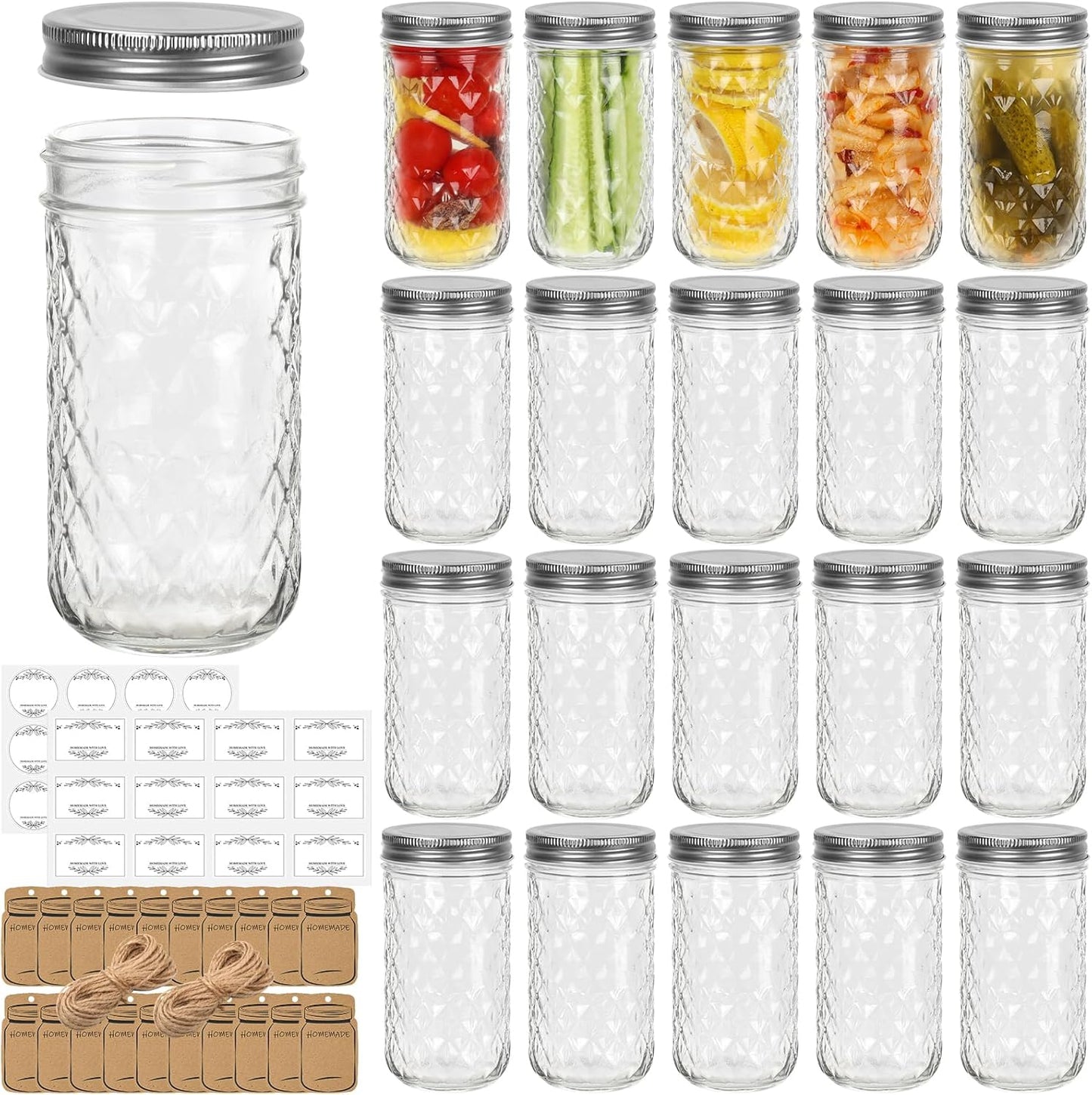Eathtek 12 oz Mason Jars 20 Pack, 360ml Mini Canning Jars with Regular Lids for Jelly Herbs Spice Honey Storage, Small Glass Jars Candle jars, Extra Lids Tags Label Included