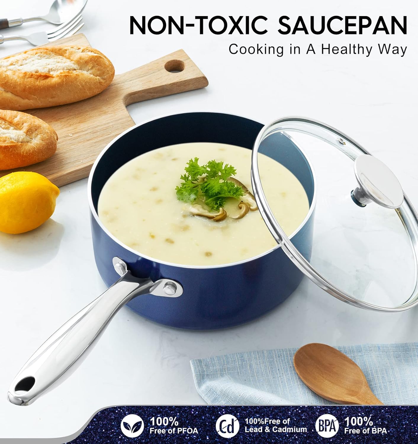 MICHELANGELO Saucepan Set, 1Qt & 2Qt Ceramic Sauce Pan with Lid, Nonstick Saucepans with Lids, Small Pot with Stainless Steel Handle, Oven Safe, Blue