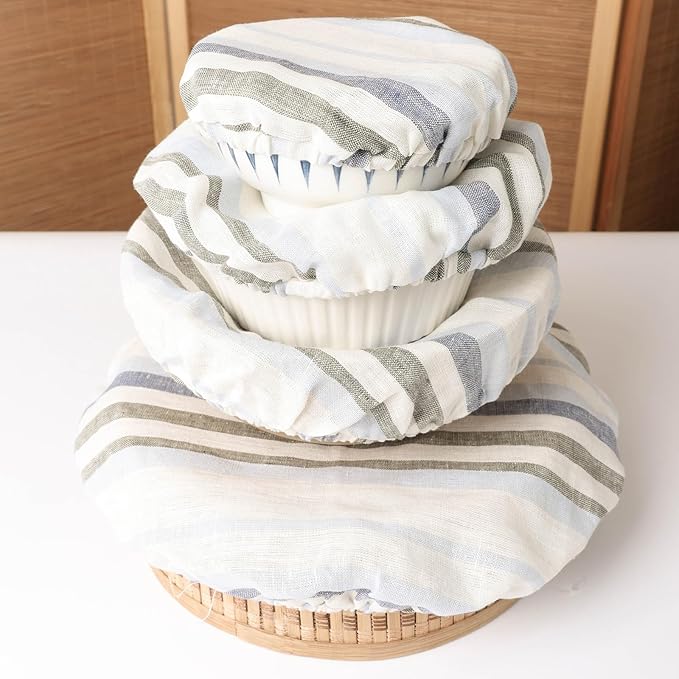 100% Linen Bowl Covers Reusable For Bread Proofing, 4 Pcs Elastic Cloth Fabric Colorful Stripe Bowl Covers, 5.9*7.9*9.8*11.8 Inches, Colorful 2